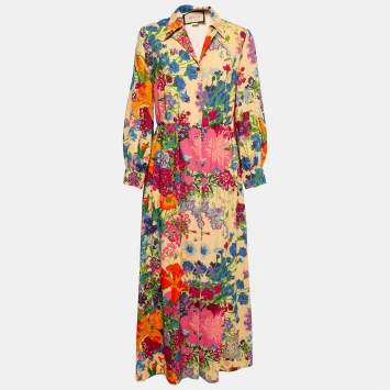Pre Owned Gucci Beige Floral Printed Crepe Maxi Shirt Dress M