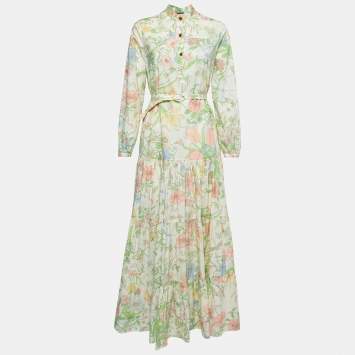 Pre Owned Gucci Cream Printed Cotton Belted Maxi Dress S