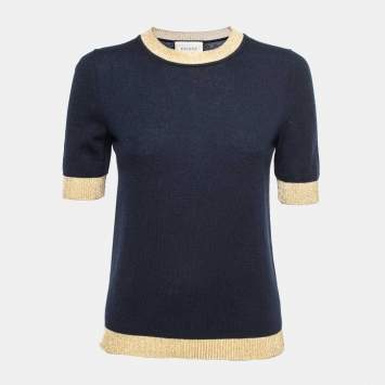 Pre Owned Gucci Navy Blue Cashmere Rib-Trim Detail Sweater Top M