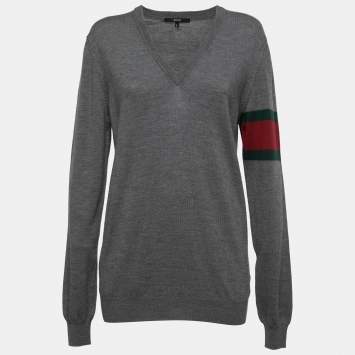 Pre Owned Gucci Grey Wool Knit Web Detail Sleeve V Neck Sweater L