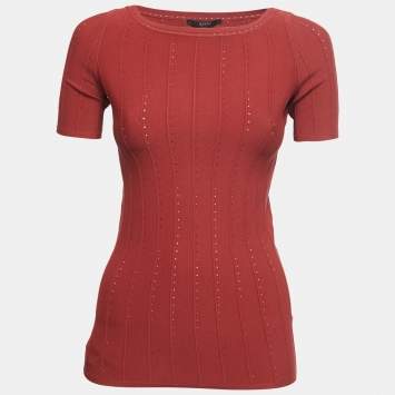 Pre Owned Gucci Red Perforated Knit Top M