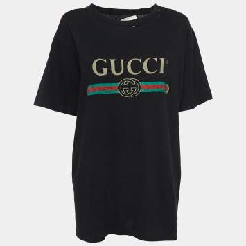 Pre Owned Gucci Black Distressed Cotton Vintage Logo T-Shirt M