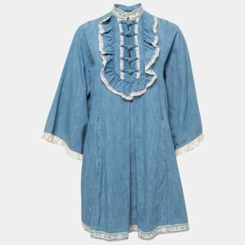 Pre Owned Gucci Blue Chambray Lace-Trimmed Tunic Dress S