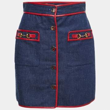 Pre Owned Gucci Blue Denim Leather Trim Mini Skirt S