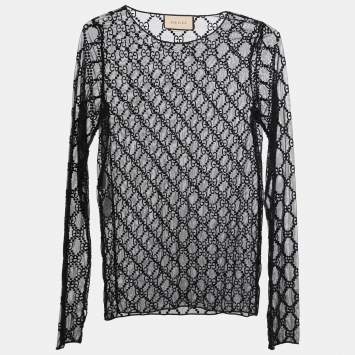 Pre Owned Gucci Black GG Embroidered Tulle T-shirt M
