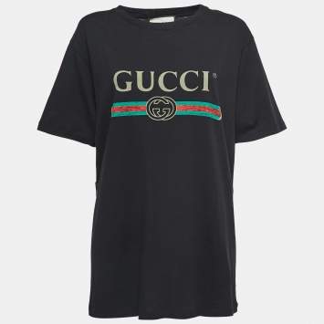 Gucci Black Distressed Cotton Logo T-Shirt M