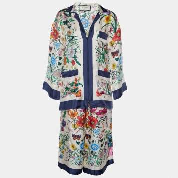 Pre Owned Gucci Cream Flora Printed Silk Foulard Shirt & Pajama Crop Pants M