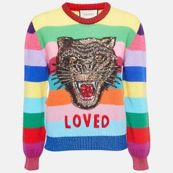 Pre Owned Gucci Multicolor Striped Wool Tiger Embroidered Sweater M
