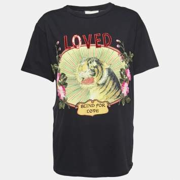 Pre Owned Gucci Black Cotton Tiger Print Embellished T-Shirt S