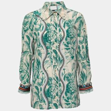 Gucci Green Snake Print Silk Embellished Shirt L