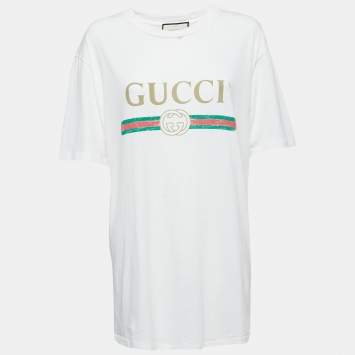 Pre Owned Gucci White Distressed Cotton Logo Print T-Shirt M