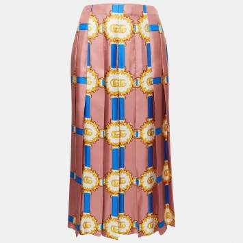 Pre Owned Gucci Pink Marmont GG Doubloon Harness Print Silk Pleated Skirt M