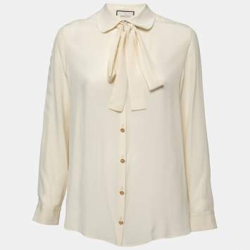 Pre Owned Gucci Cream Silk Bow Tie Detail Shirt M