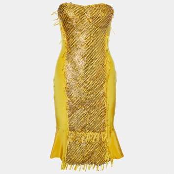 Pre Owned Gucci by Tom Ford Yellow Silk Embellished Strapless Mini Dress M