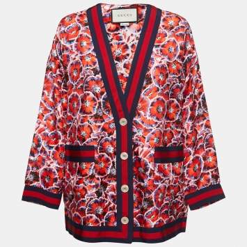 Gucci Red Poppy Print Silk Pajama Top S
