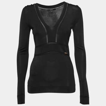 مملوكة مسبقًا Gucci Black Jersey Knit V-Neck Long Sleeve Top S