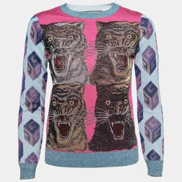 Pre Owned Gucci Multicolor Lurex Knit Tiger Intarsia Pullover S