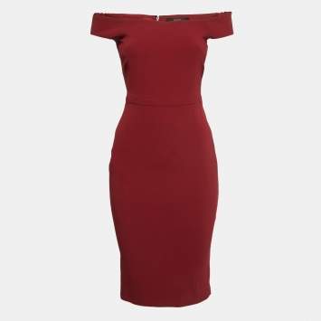Pre Owned Gucci Red Crepe Off Shoulder Midi Dress S