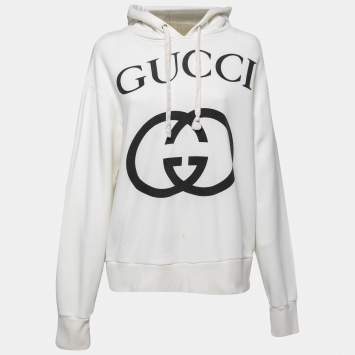 Pre Owned Gucci White Logo Printed Cotton Oversize Hoodie XS