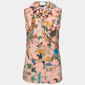 Pre Owned Gucci Pink Floral Printed Silk Ruffled Tie Neck Top M