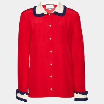 Pre Owned Gucci Red Silk Contrast Collar Detail Shirt S