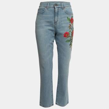 Pre Owned Gucci Blue Floral Embroidered Denim Boyfriend Fit Jeans M Waist 28"
