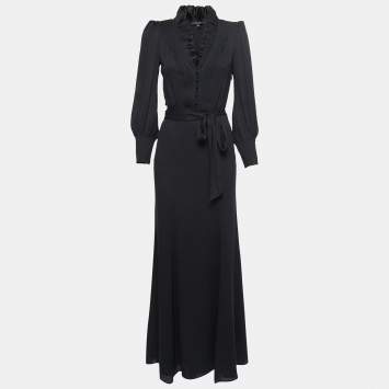 Pre Owned Gucci Black Silk Ruffled Neck Tie Back Long Dress S