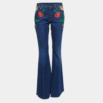 Pre Owned Gucci Blue Denim Floral and Butterfly Embroidered Flared Jean M