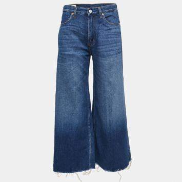 Pre Owned Gucci Blue Denim Embroidered Wide Leg Jeans S