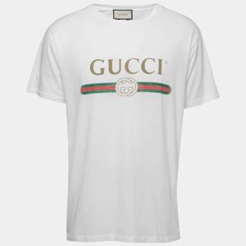 Pre Owned Gucci White Vintage Logo Print Cotton Distressed Oversize T-Shirt M
