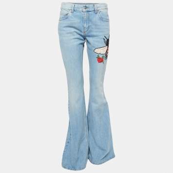 Pre Owned Gucci Blue Washed Denim Embroidery Detailed Flared Wide-Leg Jeans S Waist 27"
