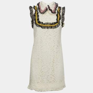 Pre Owned Gucci Cream Lace Ruffled Trim Sleeveless Mini Dress M