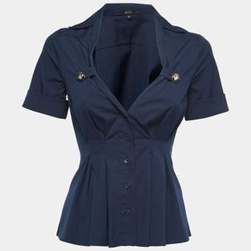 Pre Owned Gucci Navy Blue Cotton Pleated Detail Shirt S
