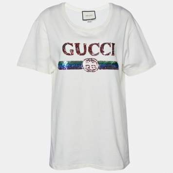 Pre Owned Gucci Cream Sequin Embellished Cotton Knit T-Shirt S