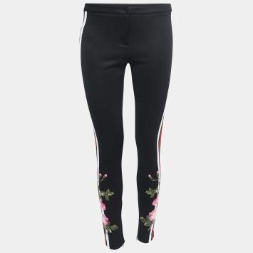 Pre Owned Gucci Black Jersey Rose Applique Stripe Detail Leggings S