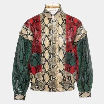 مملوكة مسبقًا Gucci Multicolor Python Print Leather Bomber Jacket S