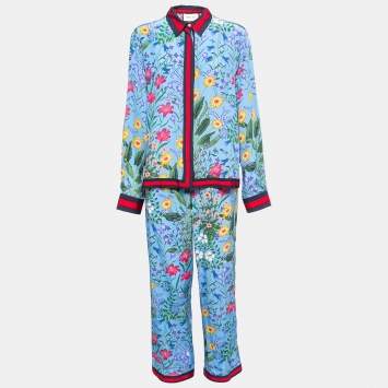 Pre Owned Gucci Blue Floral Print Silk Web Detail Tops and Pant Set L/M