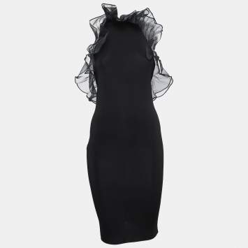 Pre Owned Gucci Black Knit Ruffled Halter Bodycon Dress S