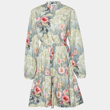 Pre Owned Gucci Garden Green Floral Printed Cotton Belted Midi Dress L