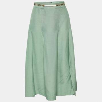 Pre Owned Gucci Green Linen Blend Leather Belt Detail Pleated Midi Skirt L