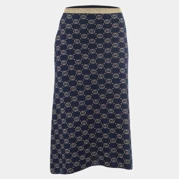 Pre Owned Gucci Navy Blur GG Patterned Lurex Knit Midi Skirt XS