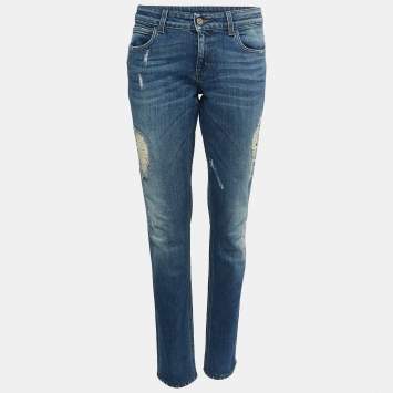 Pre Owned Gucci Navy Blue Washed & Distressed Denim New Leggings Fit Jeans L Waist 34"
