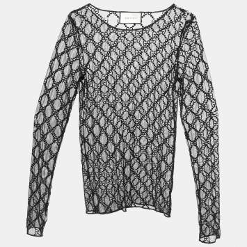 Pre Owned Gucci Black GG Embroidered Tulle Long Sleeve Top XS