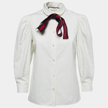 Pre Owned Gucci White Cotton Poplin Puff Sleeve Tie Neck Shirt S