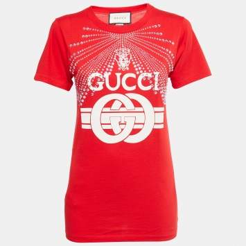 Pre Owned Gucci Red Cotton Logo Crystal Embellished T-Shirt S