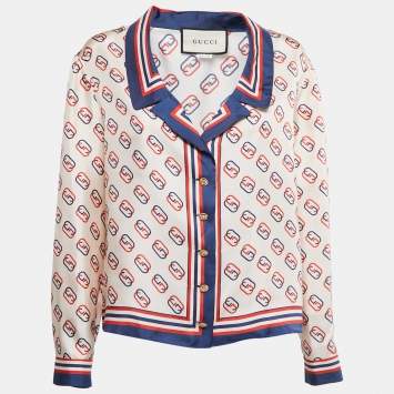 Pre Owned Gucci Ivory/Navy Blue Monogram Printed Silk Top M