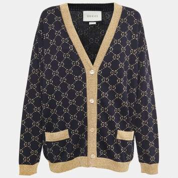 Pre Owned Gucci Navy Blue GG Motif Lurex Knit Cardigan M