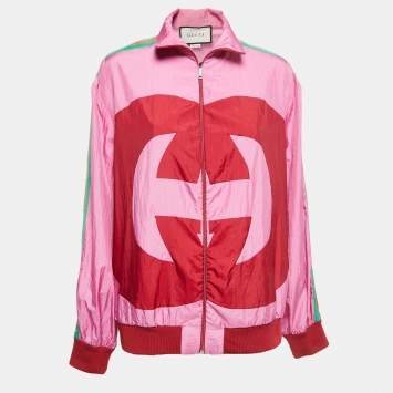 Pre Owned Gucci Pink Logo Colorblock Web Striped Bomber Jacket M
