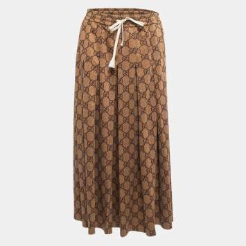 Pre Owned Gucci Brown GG Knit Elasticized Waist Pleated Midi Skirt XL