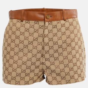 Pre Owned Gucci Beige GG Canvas Leather Trimmed Shorts S